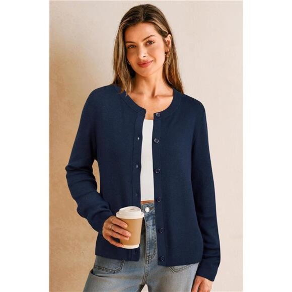 Women's Wool Blended Cardigan Sweaters Lightweight Navy Blue - Picture 2 of 7